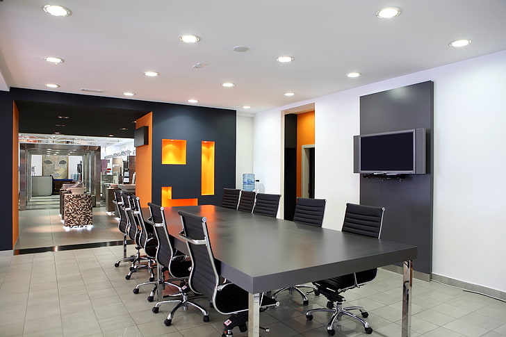 table rectangulaire en bois noir et huit chaises, bureau, chaise de bureau, design, réunion, Fond d'écran HD