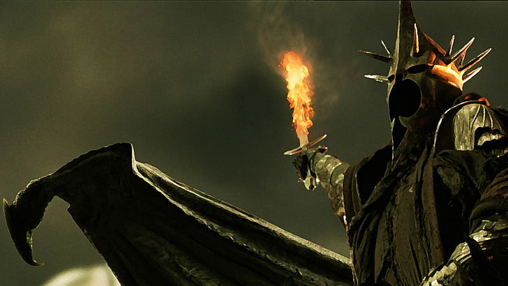 soldato corazzato che tiene la torcia fiammeggiante sfondo digitale, Strega di Angmar, Nazgûl, Il Signore degli Anelli, spada, fuoco, Sfondo HD