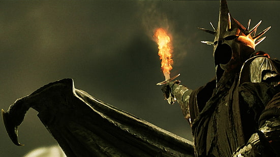 prajurit lapis baja memegang obor menyala wallpaper digital, Witchking of Angmar, Nazgûl, The Lord of the Rings, pedang, api, Wallpaper HD HD wallpaper