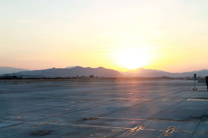 airport, dawn, dust, runway, sunrise, sunset, twilight, HD wallpaper