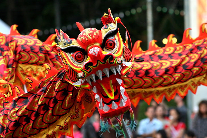 mascotte de dragon rouge, nouvel an chinois, nouvel an, Chine, vacances, Fond d'écran HD