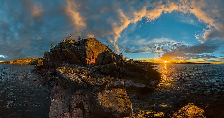 غروب الشمس ، الصخور ، بحيرة Ladoga ، كاريليا ، المصور Fedor Lashkov، خلفية HD
