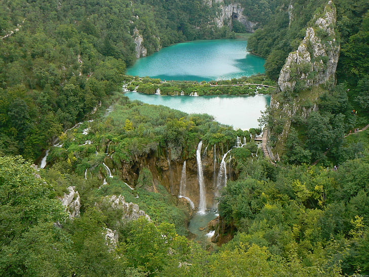 Wasserfälle und Bäume, Wasserfälle, Holz, Höhe, Dickicht, Damm, Felsen, HD-Hintergrundbild