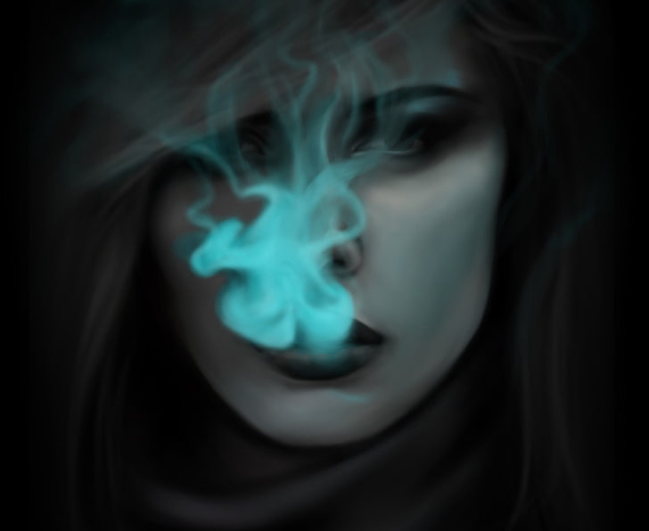 person smoking blue smoke painting, artwork, face, smoke, painting, brunette, smoking, HD wallpaper