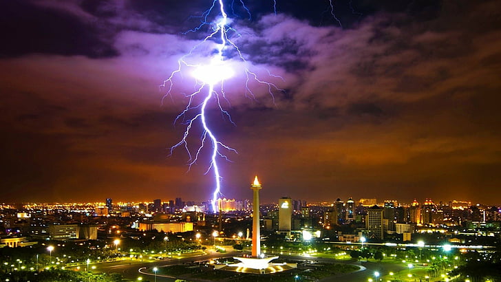 Cities, Jakarta, Evening, Indonesia, Java (Indonesia), Lightning, HD wallpaper
