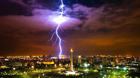 Cities, Jakarta, Evening, Indonesia, Java (Indonesia), Lightning, HD wallpaper HD wallpaper