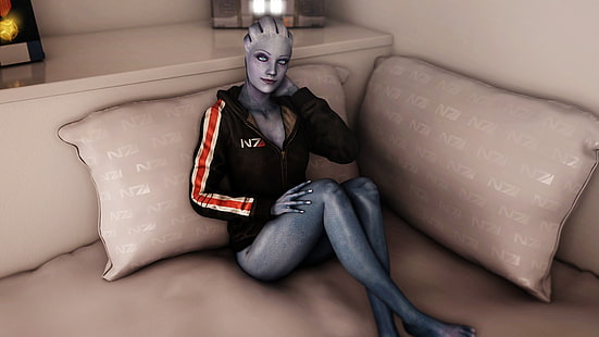 Illustrazione del personaggio di Mass Effect, aspetto, sorriso, divano, ragazza, seduta, effetto di massa, Liara T Soni, Sfondo HD HD wallpaper