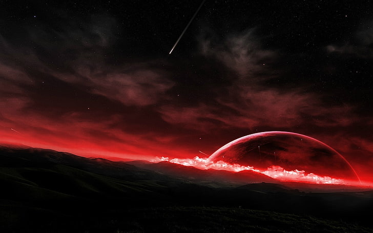 white clouds with red light digital wallpaper, space, landscape, sky, stars, space art, planet, HD wallpaper