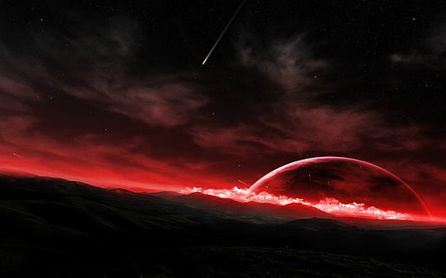 białe chmury z czerwonym światłem cyfrowa tapeta, przestrzeń, krajobraz, niebo, gwiazdy, sztuka kosmiczna, planeta, Tapety HD HD wallpaper