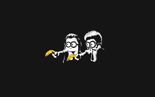 Despicable Me, parodie de papier peint, deux personnes tenant une illustration de la banane jaune, minimalisme, noir, sbires, Pulp Fiction, bananes, Pulp Fiction (parodie), parodie, mélange, films, fiction, Fond d'écran HD HD wallpaper