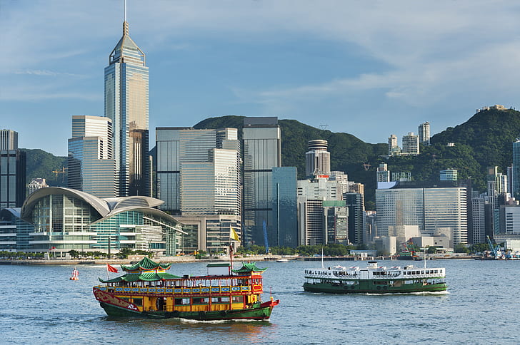香港、中国、港、香港、中国、港、スカイライン、高層ビル、海、 HDデスクトップの壁紙