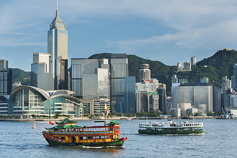 Hong Kong, China, puerto, Hong Kong, China, puerto, Skyline, Rascacielos, Mar, Fondo de pantalla HD HD wallpaper