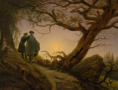 風景、木、絵、キャスパーデヴィッドフリードリッヒ、月を熟考する二人の男、 HDデスクトップの壁紙 HD wallpaper