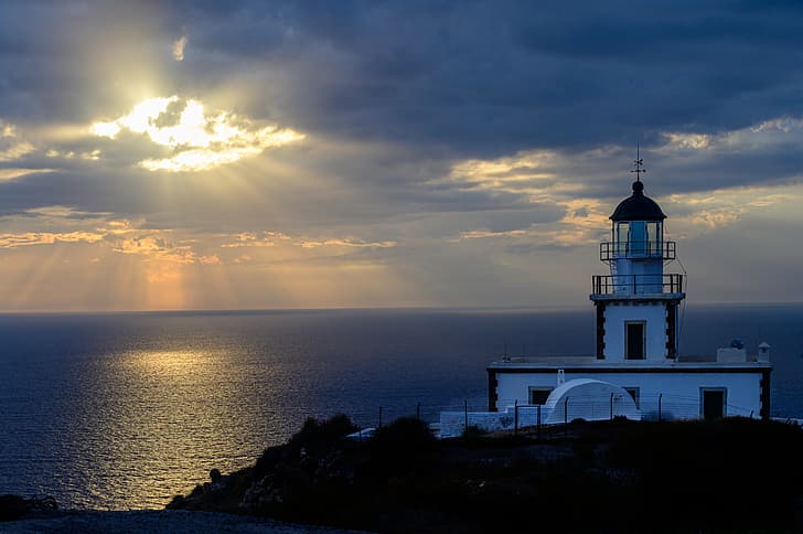mar, puesta de sol, faro, Santorini, Grecia, El mar Egeo, Mar Egeo, Akrotiri, El faro de Akrotiri, Faro de Akrotiri, Fondo de pantalla HD