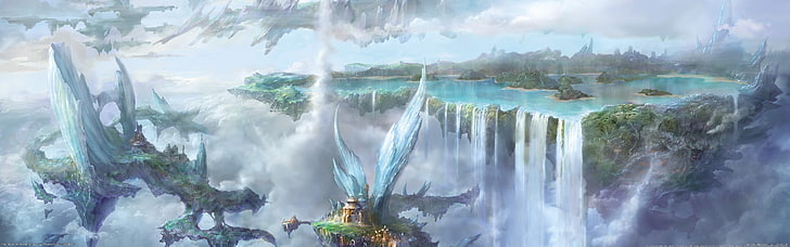 водопады цифровые обои, аниме, мультиэкран, природа, фэнтези арт, остров, небо, HD обои