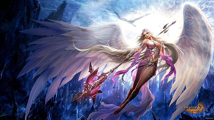 League of Legends character digital wallpaper, action, angel, angels, fantasy, fighting, league, loa, mmo, online, rpg, warrior, HD wallpaper
