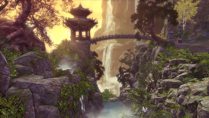 bridge on rock formation with gazebo wallpaper, PC gaming, Blade & Soul, Fond d'écran HD