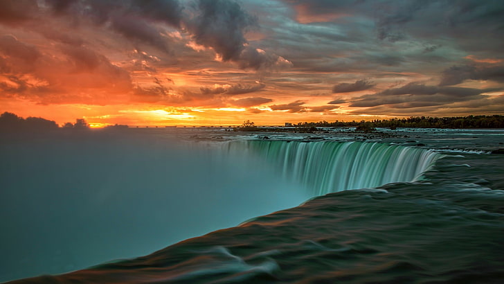 Cascate di Naigaria, natura, paesaggio, tramonto, nuvole, acqua, Cascate del Niagara, cascata, lunga esposizione, alberi, pietre, Canada, Ontario, Sfondo HD
