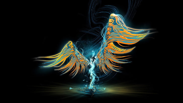 orange and green wings illustration, wings, angel, lights, dark background, fire, women, fantasy art, abstract, simple background, digital art, artwork, HD wallpaper