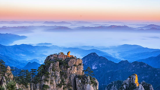 góra, mt. Huangshan, Huangshan, Anhui, Chiny, Azja, krajobraz, montaż scenerii, niebo, punkt orientacyjny, Tapety HD HD wallpaper
