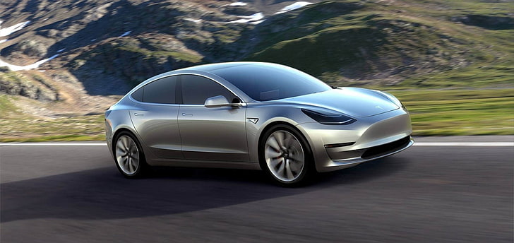Tesla Motors, Tesla Model 3, Carro Elétrico, Montanha, Estrada, HD papel de parede