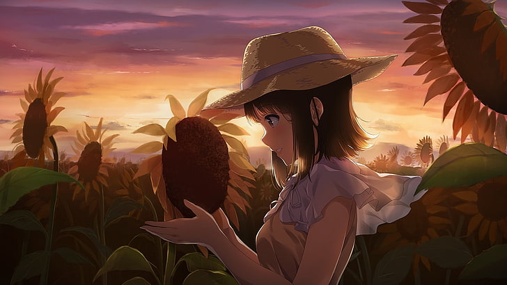 sunflower, anime girl, sunset, profile view, straw hat, Anime, HD wallpaper