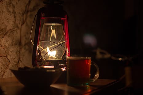 światło, szkło, ciemność, ciepło, herbata, podstawka, lampa naftowa, Tapety HD HD wallpaper