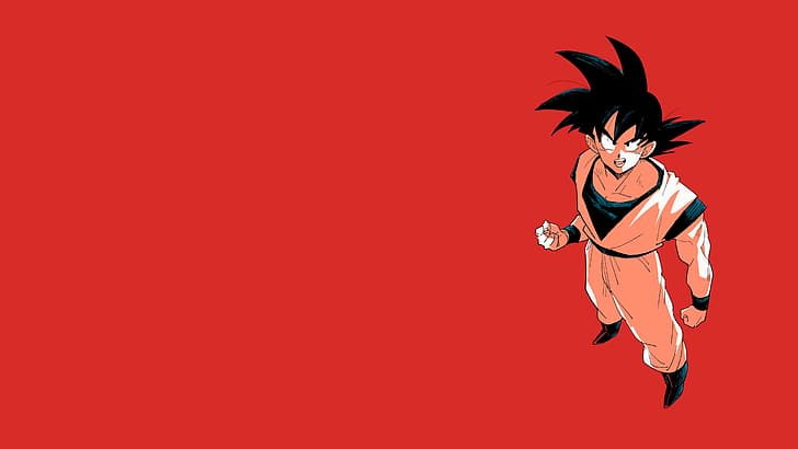 Son Goku, Dragon Ball, Dragon Ball Z, saiyan, rambut hitam, minimalis, berotot, seni bela diri, anak laki-laki anime, anime, melihat penonton, melihat ke atas, latar belakang merah, latar belakang sederhana, Wallpaper HD