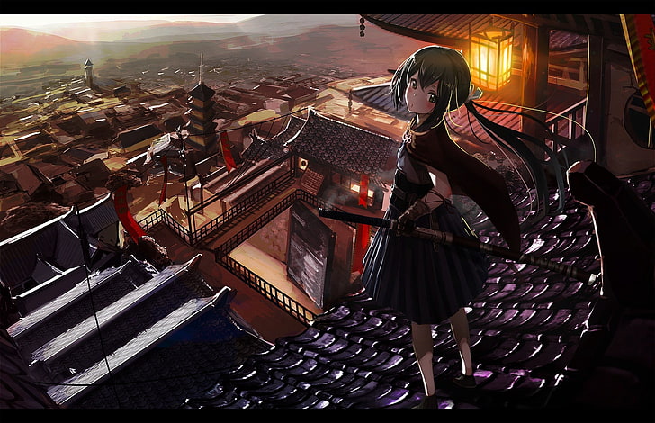 Anime, Anime Girls, japanische Kleidung, Landschaft, Schwert, Katana, lange Haare, HD-Hintergrundbild
