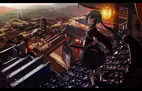 anime, gadis anime, pakaian Jepang, pemandangan, pedang, katana, rambut panjang, Wallpaper HD HD wallpaper