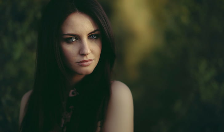 Aurela Skandaj, face, brunette, model, David Olkarny, blue eyes, women, HD wallpaper