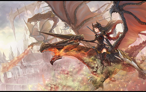 аниме, аниме девушки, Granblue Fantasy, Shingeki no Bahamut, дракон, длинные волосы, красные глаза, рога, оружие, доспехи, меч, огонь, Forte (Shingeki No Bahamut), HD обои HD wallpaper
