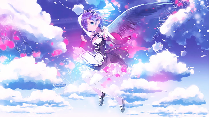 Rem de l'illustration Rezero, Re: Zéro Kara Hajimeru Isekai Seikatsu, Rem (Re: Zero), cheveux courts, yeux bleus, cheveux bleus, tenue de femme de chambre, ailes, nuages, Fond d'écran HD