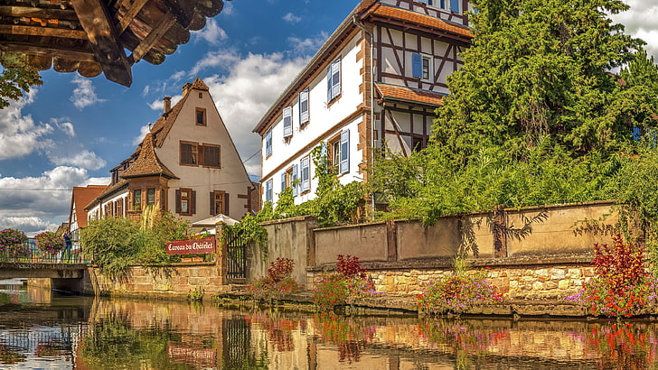 wissembourg, la lauter, half timbered, canal, half timbered house, france, sky, cottage, facade, europe, historic site, house, building, water, village, HD wallpaper