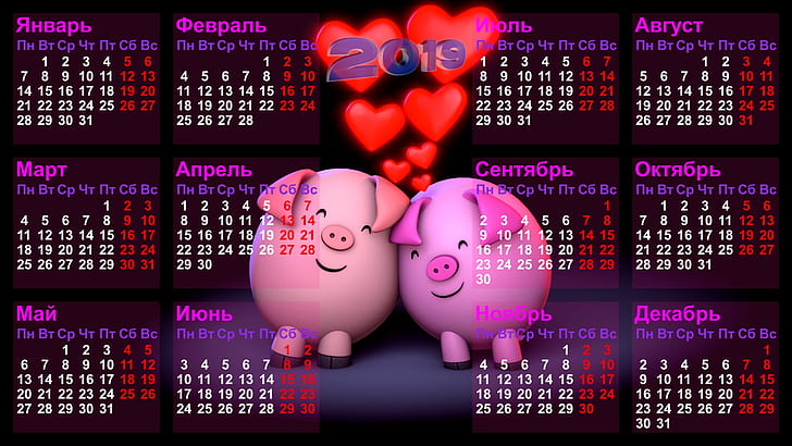 black background, calendar, number, days, months, weeks, pigs, Two thousand nineteen, glowing hearts, The Year Of The Pig, HD wallpaper