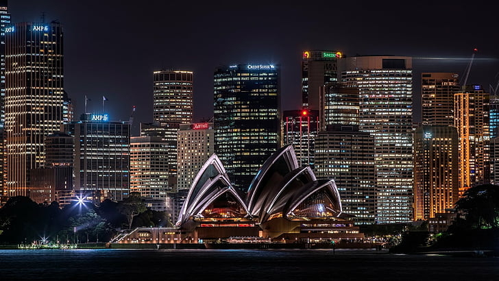 Искусственный, Сиднейский оперный театр, Здание, Город, Ночь, Небоскреб, Сидней, HD обои