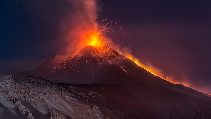 природа, ночь, гора, этна, вулкан, извержение, Сицилия, HD обои