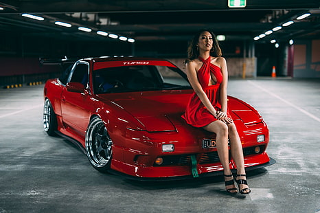 жени модел жени с коли автомобил тунинг превозно средство jdm nissan 240sx паркинг, HD тапет HD wallpaper