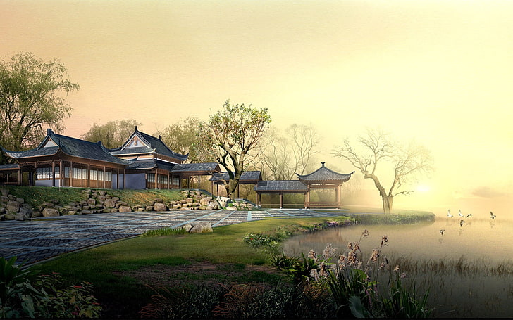 gray and white pagoda temple, china, garden, yard, minimalism, fog, lake, HD wallpaper