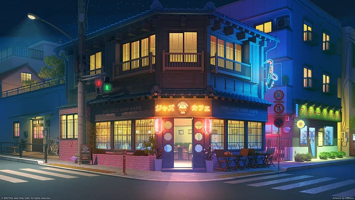 Япония, улица Японии, цифровое искусство, LoFi, кафе, неон, неоновые огни, произведение искусства, цифровой, HD обои