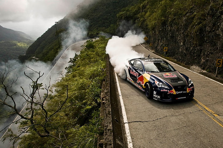 black racing car, car, drift, Hyundai, Red Bull, mountain pass, Touge, Brazil, vehicle, smoke, road, race cars, HD wallpaper