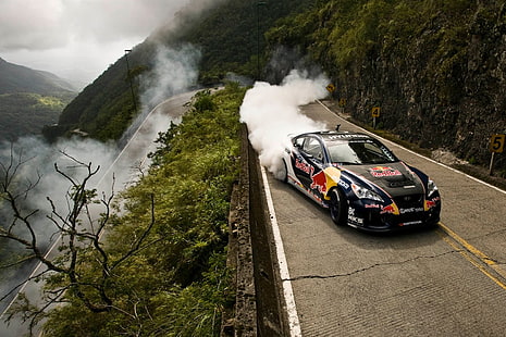 black racing car, car, drift, Hyundai, Red Bull, mountain pass, Touge, Brazil, vehicle, smoke, road, race cars, HD wallpaper HD wallpaper