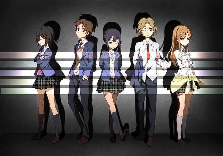Ilustración de personajes de dibujos animados, Kokoro Connect, Inaba Himeko, Aoki Yoshifumi, Kiriyama Yui, Nagase Iori, Yaegashi Taichi, chicas anime, chicos anime, Fondo de pantalla HD