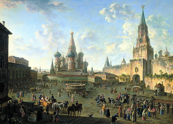 architecture, building, cityscape, city, Moscow, Red Square, Russia, painting, Fyodor Alekseyev, artwork, people, crowds, horse, old building, classical art, tower, Saint Basil's Cathedral, HD wallpaper