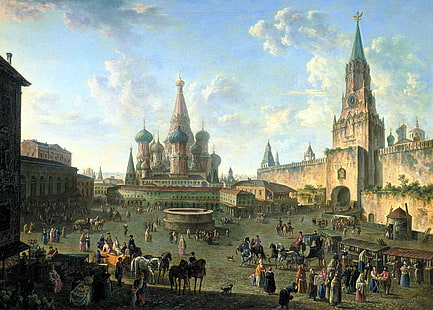 architecture, building, cityscape, city, Moscow, Red Square, Russia, painting, Fyodor Alekseyev, artwork, people, crowds, horse, old building, classical art, tower, Saint Basil's Cathedral, HD wallpaper HD wallpaper