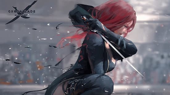 произведение искусства, WLOP, длинные волосы, рыжий, Ghostblade, меч, фантазийная девушка, HD обои HD wallpaper