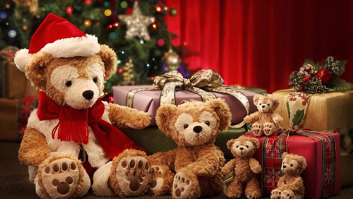 Holiday, Christmas, Gift, Santa Hat, Teddy Bear, HD wallpaper