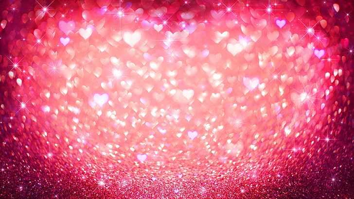 red, pink, glitter, light, heart, hearts, love, shine, glow, abstract, HD wallpaper