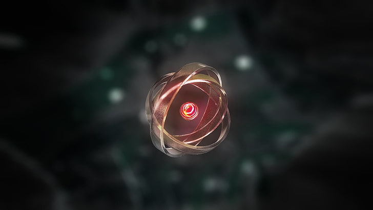 round red and gray floating ball digital wallpaper, blurred, abstract, 3D, rings, atoms, digital art, HD wallpaper