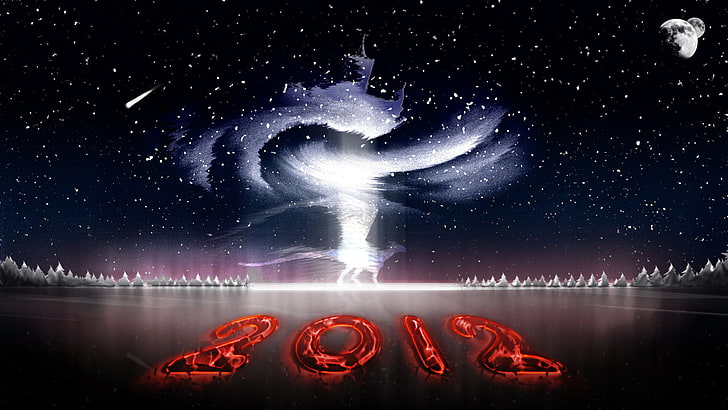 разноцветные 2012 цифровые обои, лед, звёзды, снег, луна, дракон, дерево, комета, метель, 2012, число, год, HD обои